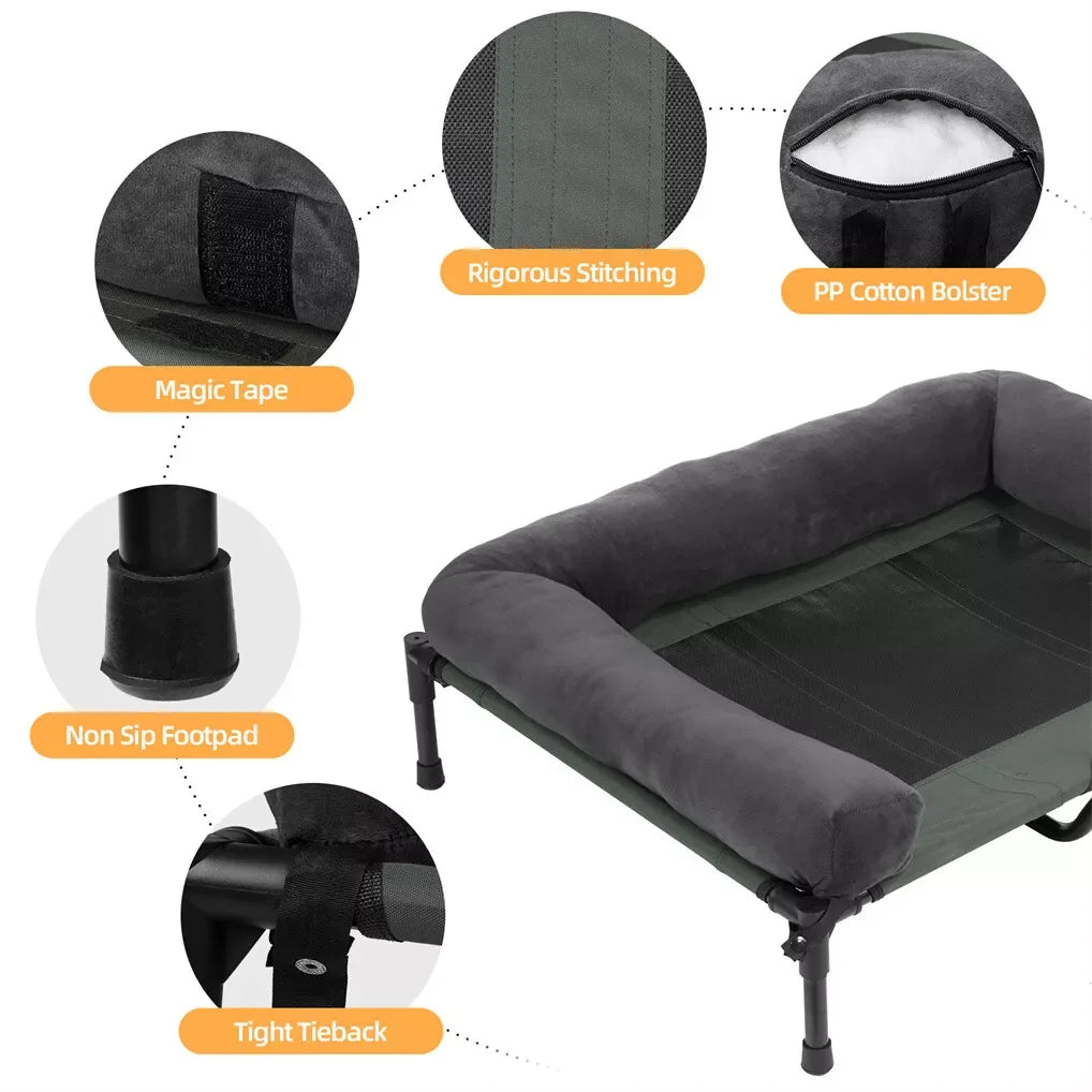 BINGOPAW Outdoor Dog Bed Elevated Cooling Pet Lounger with Detachable Plush Bolster Mesh Cot Sleep for Camping