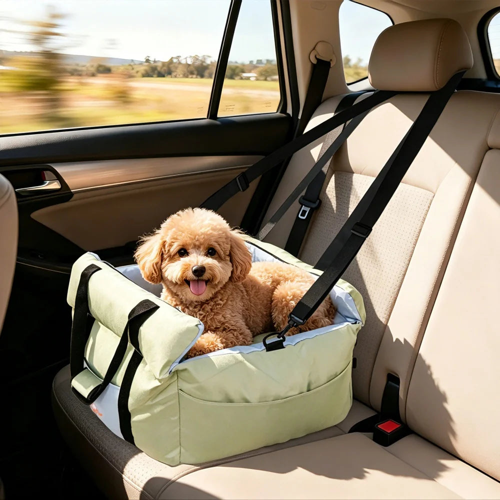 Portable Dog Car Seat Pet Dog Booster Seat Puppy Travel Carrier Bed with Safety Belt Storage Pocket Removable Washable Cover