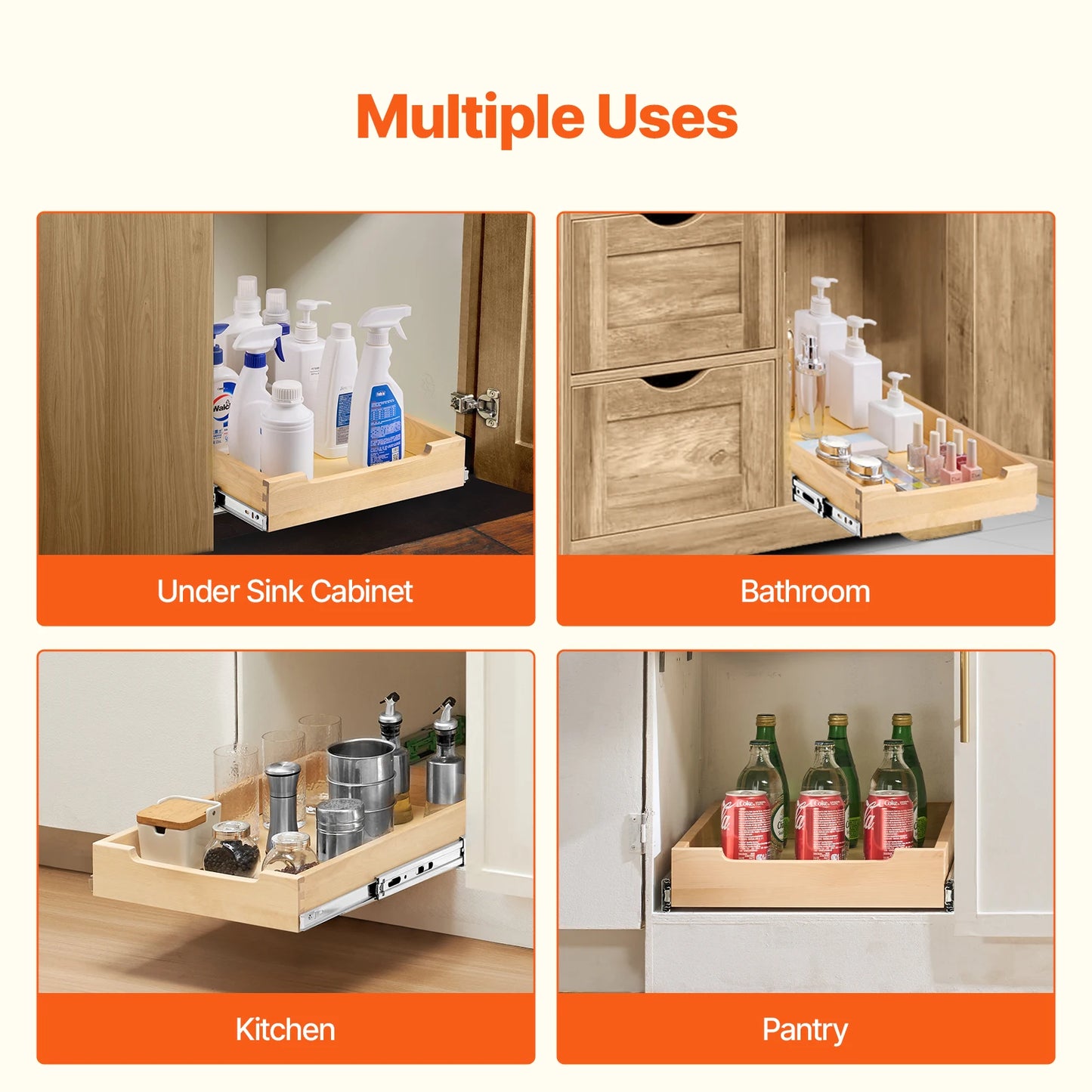 VEVOR 14-20inch Pull Out Cabinet Organizer Cabinet Drawer Slide out Shelf Sliding Wood Drawer for Kitchen Pantry Bathroom